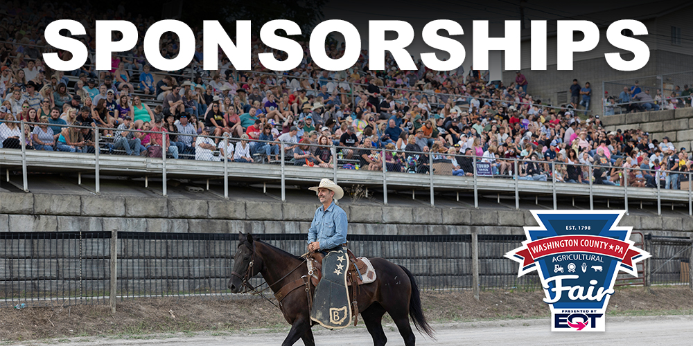 Graphic promoting Fair sponsorships showing a cowboy on a horse in front of a packed grandstand